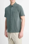 Vince Sueded Jersey Short Sleeve Button-up Shirt In Petrol Green