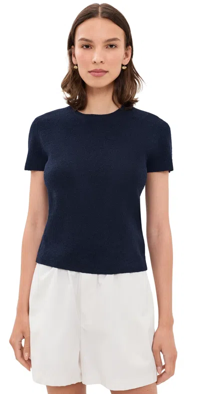 Vince Texture Short Sleeve Crew Pullover Navy In Blue