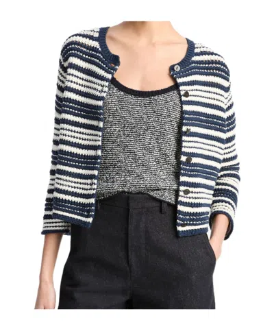 Vince Textured Stripe Italian Cotton Cardigan In Blue