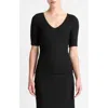 Vince Smocked Elbow Sleeve Soft V-neck Top In Black