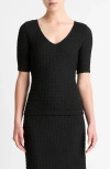 Vince Smocked Elbow Sleeve Soft V-neck Top In Black