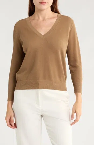 Vince Three-quarter Sleeve V-neck Sweater In Brown