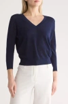 Vince Three-quarter Sleeve V-neck Sweater In Blue