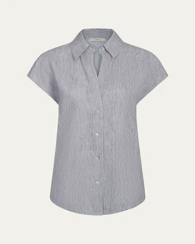 Vince Ticking Stripe Cap-sleeve Blouse In Iris Slate/off White