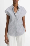 Vince Ticking Stripe Cap-sleeve Blouse In Iris Slate/off White