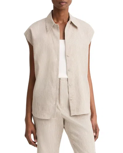 Vince Ticking Stripe Cap Sleeve Linen-blend Blouse In Neutral