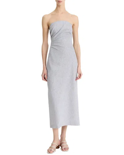VINCE VINCE TICKING STRIPE DRAPE FRONT STRAPLESS LINEN-BLEND DRESS