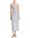 Vince Ticking Stripe Drape Front Strapless Linen-blend Dress In Gray