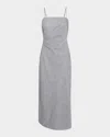 Vince Ticking Stripe Draped Strapless Midi Dress In Iris Slateoff White