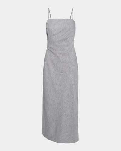 Vince Ticking Stripe Draped Strapless Midi Dress In Iris Slate/off White