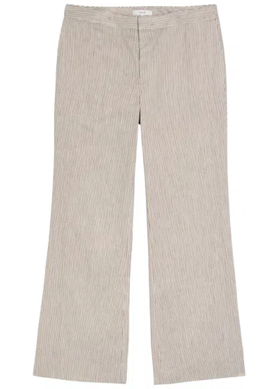 Vince Ticking Striped Flared-leg Linen And Cotton-blend Trousers In Brown