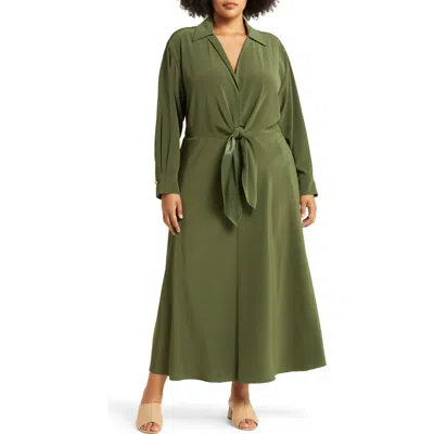 Vince Tie Waist Long Sleeve Dress In Bay Leaf