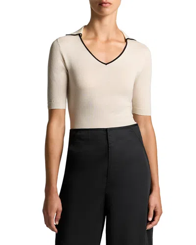 Vince Tipped Polo Elbow Sleeve Top In Neutral
