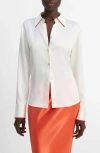 Vince Tipped Slim Silk Long-sleeve Blouse In White