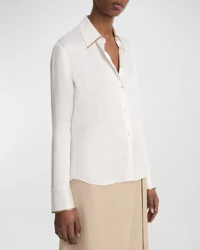 Vince Tipped Slim Long-sleeve Silk Blouse In White