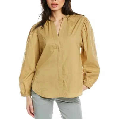 Vince Top Women's Beige Cotton Braid Trim Ruched Button Front Blouse Jzz296 In Brown