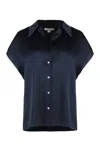 Vince Cap Sleeve Gathered Back Short Sleeve Silk Button-up Shirt In Blue