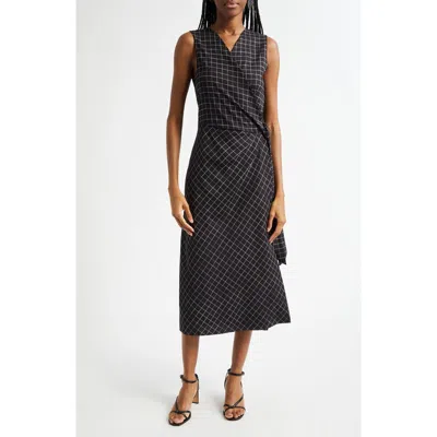 Vince Trellis Plaid Sleeveless Midi Wrap Dress In Black