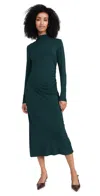 Vince Long-sleeve Ruched Turtleneck Midi Dress In Juniper