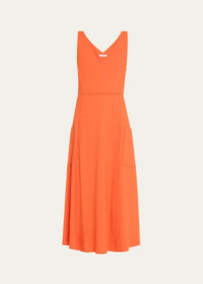 Vince V-neck Pocketed Sleeveless Midi Dress In Ruby Dusk