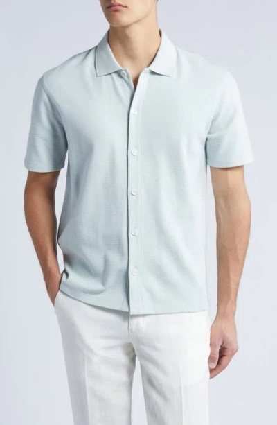 Vince Variegated Jacquard Knit Short Sleeve Button-up Shirt In Hillside Blue