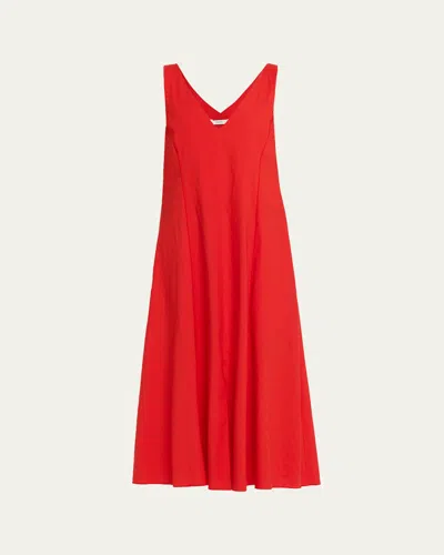 Vince V-neck Linen Midi Dress In Red