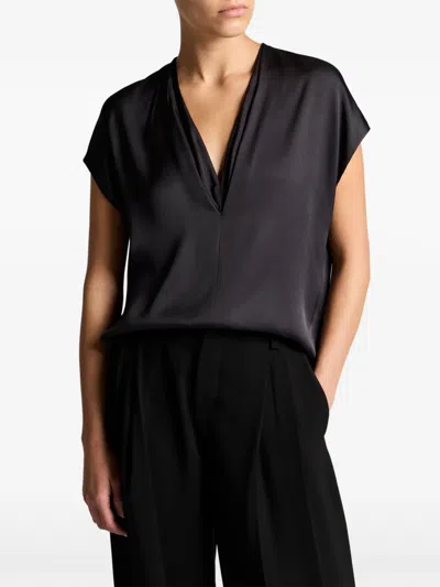 Vince Pleated V-neck Blouse In Black