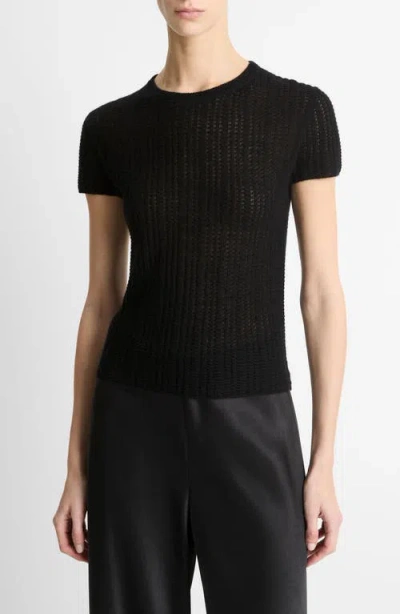 Vince Waffle Knit Short Sleeve Sweater In Black