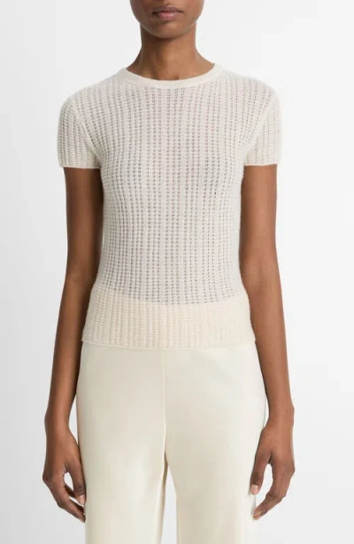 Vince Waffle Knit Short Sleeve Sweater In White Sand