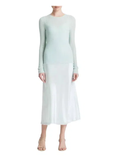 Vince Waffle-stitch Cashmere Silk Crewneck Pullover Top In Sea Star