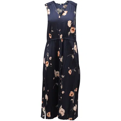 Vince Waist-gathered Pleated Floral Dress In Navy Blue Polyester