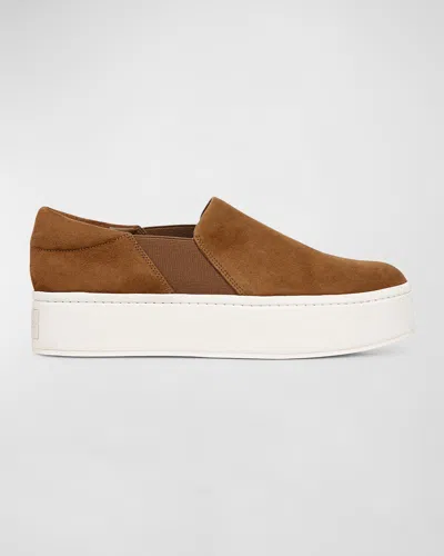 Vince Warren Suede Slip-on Platform Trainers In Elm Wood Brown Suede