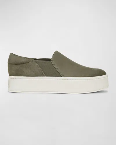 Vince Warren Suede Slip-on Platform Sneakers In Olive Smoke Green Suede