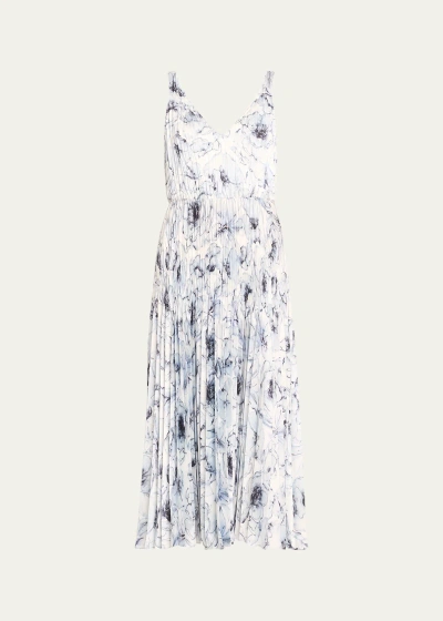 Vince Washed Lilly V-neck Pleated Midi Slip Dress In Pale Azure