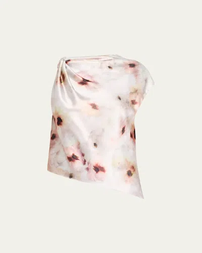 Vince Watercolor Floral Satin Twisted Asymmetric Top In Transparent