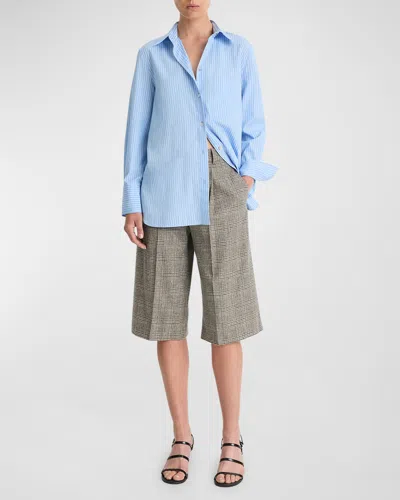 Vince Wide-leg Wool-blend Plaid Shorts In Sky Blue/off White