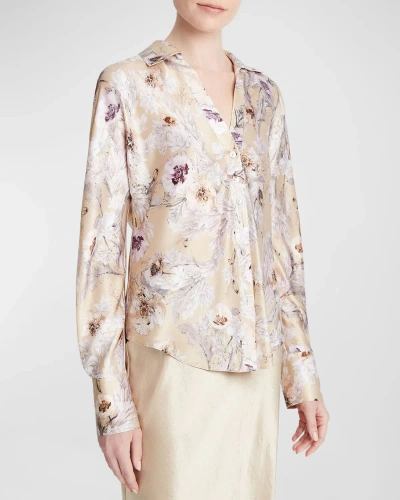 Vince Wild Flower Long-sleeve Bias Silk Blouse In Sand