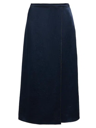 Vince Wrap-effect Embellished Satin Midi Skirt In Blue