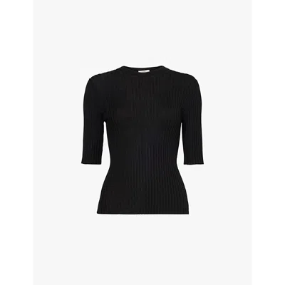 Vince Womens Black Button-embellished Ribbed Stretch-wool Blend Top