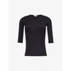 Vince Womens Black Ribbed Round-neck Stretch-woven Top In Black