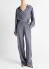 Vince Collared Linen-blend Wrap Top In Blue