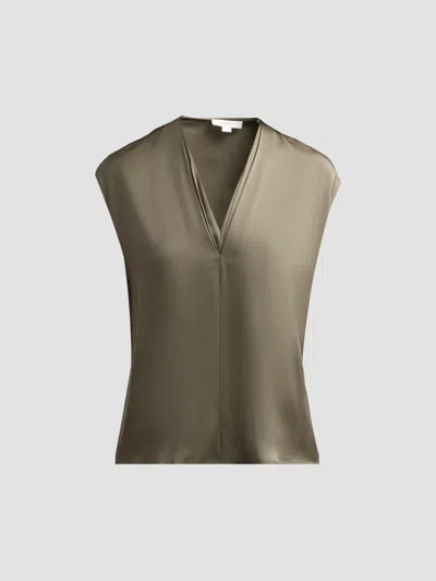 Vince Silk-blend Double V-neck Top In Pine Grove In Green