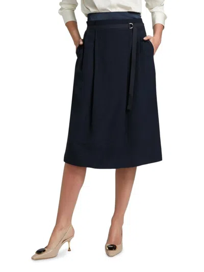 Vince Belted Cady Midi Skirt In Blue