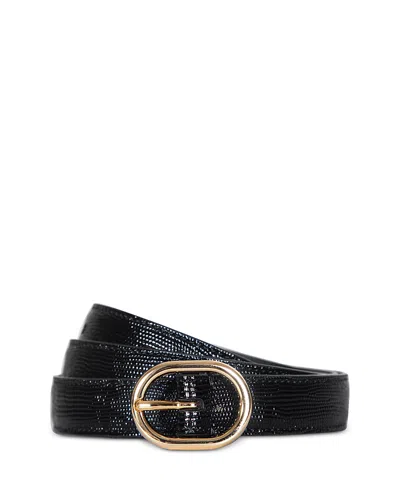 Vince Stitched Lizard Embossed Glazed Leather Belt In Black