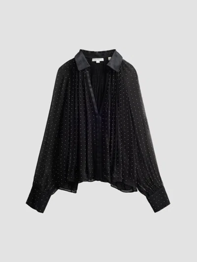 Vince Spread Collar Dot Sheer Sleeve Top In Black