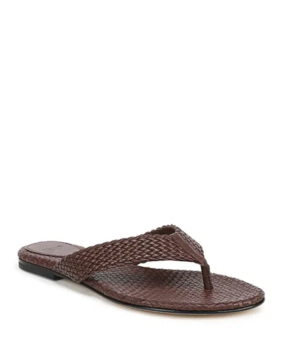 Vince Lotus Woven Leather Flat Thong Sandals In Brown