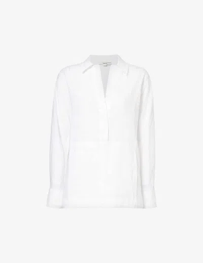 Vince Womens Optic White Crosshatch-stitch Relaxed-fit Linen Shirt