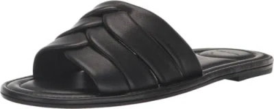 Pre-owned Vince Women's Palmetta Flat Woven Sandal Slide In Black Leather