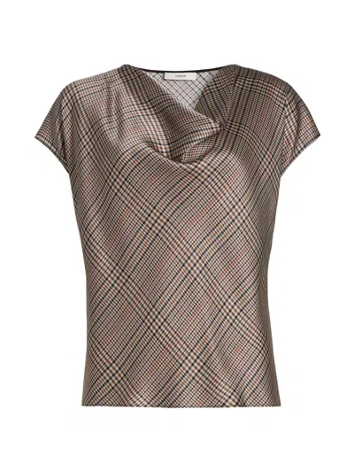 Vince Cowl Neck Blouse In Multi Plaid In Brown