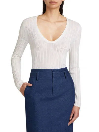 Vince Women's Pointelle V-neck Wool-blend Sweater In Off White